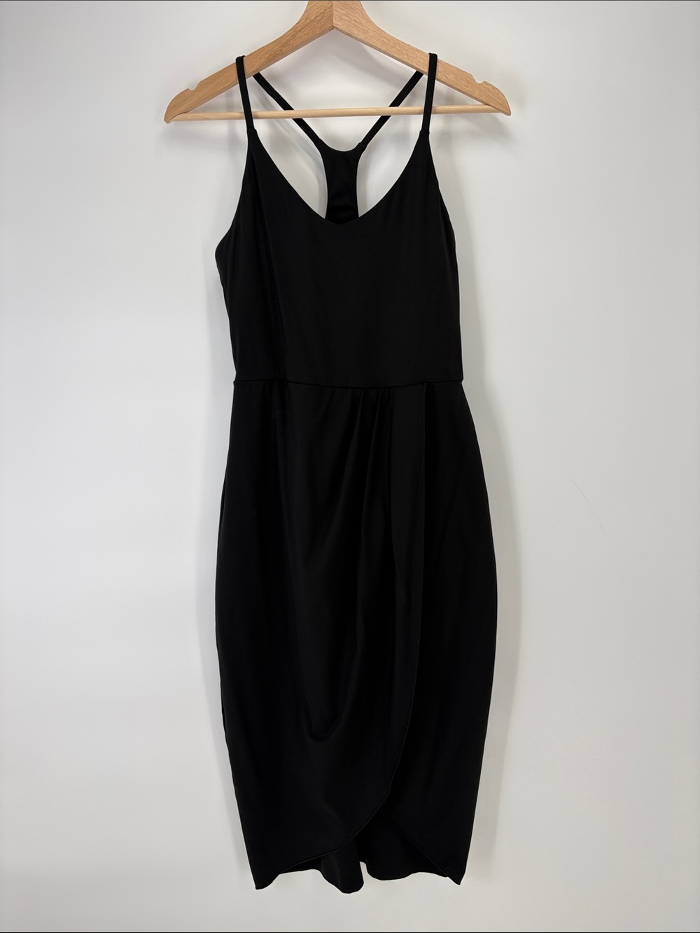 🎲 Elegant Black Midi wrap Dress with Racerback Straps brawl top athletic fabric
